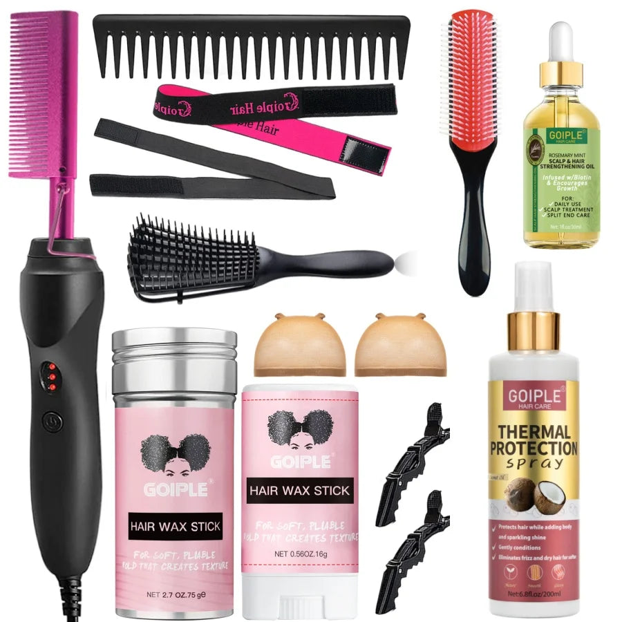 Electric Hot Heating Comb Curling Iron Pressing Comb for Wig Fast Heating Straightening Brush Hair Wax Stick Styling Tool Set
