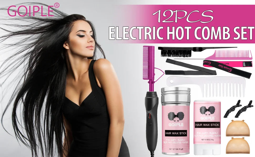 Electric Hot Heating Comb Curling Iron Pressing Comb for Wig Fast Heating Straightening Brush Hair Wax Stick Styling Tool Set
