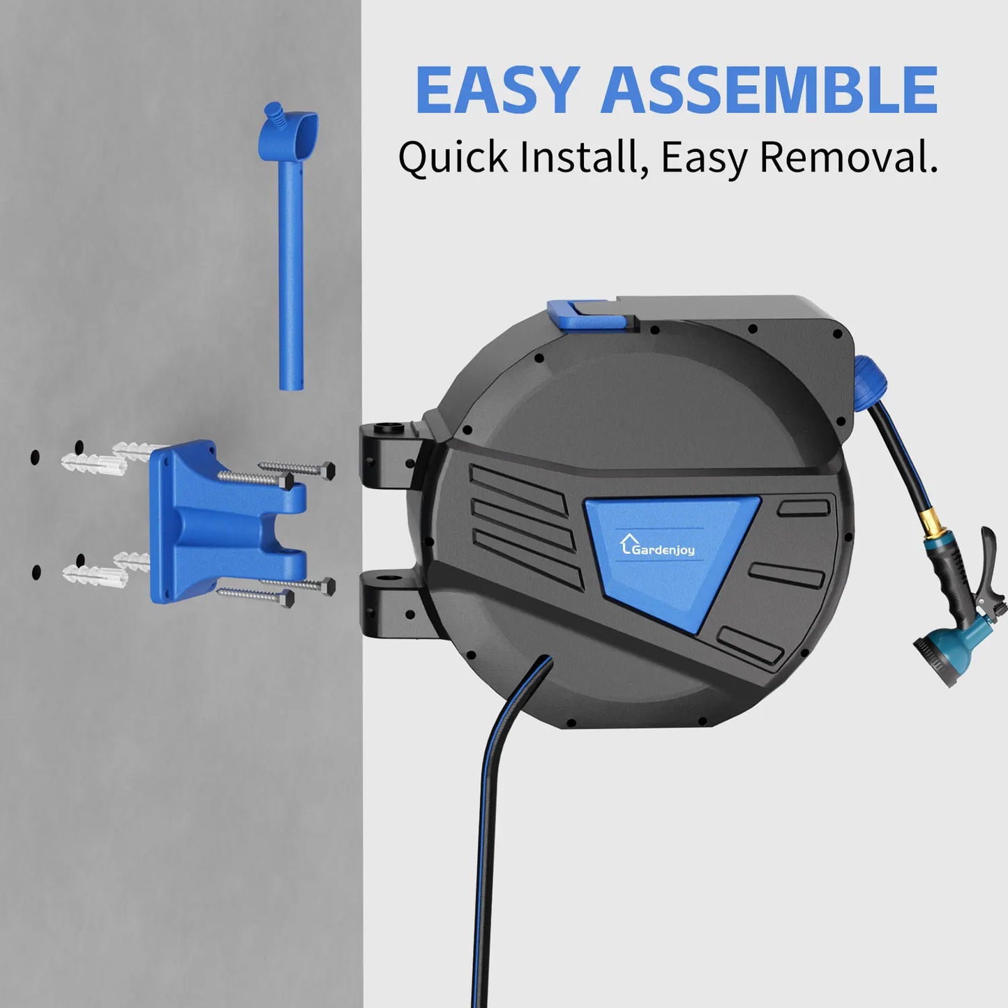 GardenJoy Retractable Garden Hose Reel-1/2in-65ft Hose Reel Wall Mounted Hose Locking Mechanism Roll-up Automatic