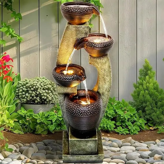 40” H Modern Outdoor Fountain - 4 Crocks Outdoor Garden Fountains with Contemporary Design&LED Light for Garden, Patio, Deck, P