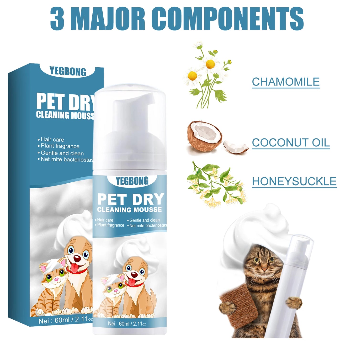 60ml Pet Dry Cleaning Agent Deodorizing Shampoo Waterless Small Animal Rinse Free Body Wash Itch Removing Stain Pet Products