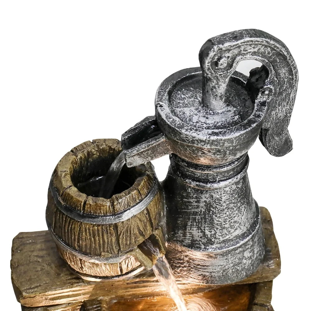 25.5 Inch 5 Tier Outdoor Fountain with LED Lights Rustic Barrel Design Water Feature Garden Patio Home Decor