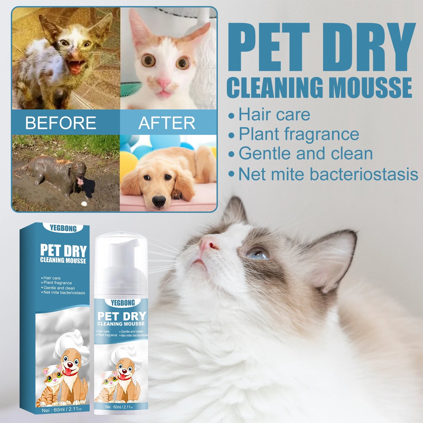 60ml Pet Dry Cleaning Agent Deodorizing Shampoo Waterless Small Animal Rinse Free Body Wash Itch Removing Stain Pet Products