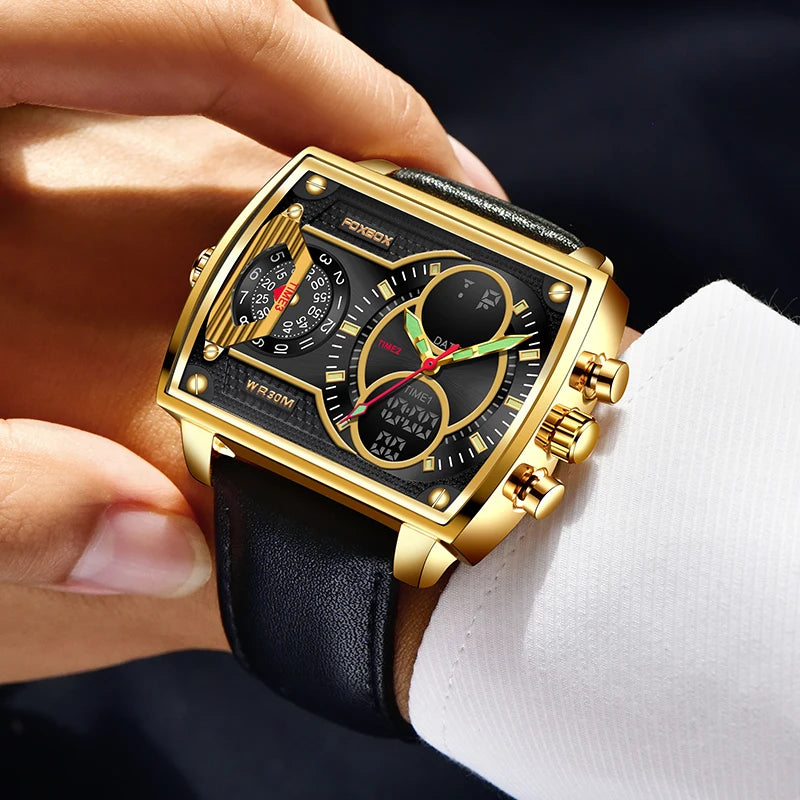 LIGE Digital Mens Square Military Watch Leather Band