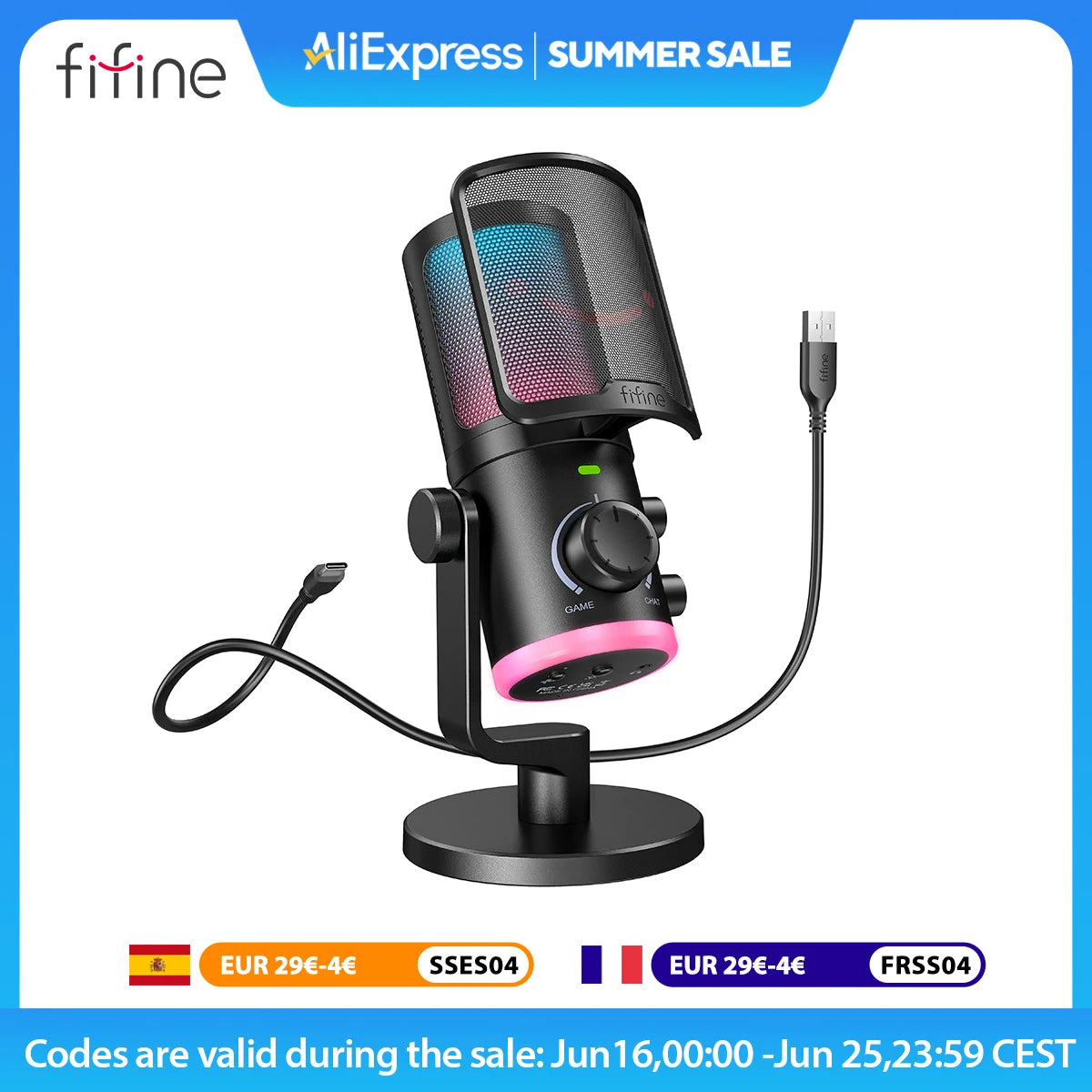 FIFINE USB Gaming Microphone with Noise Cancellation/RGB/Gain&Balance Knob,Condenser Mic for Streaming Podcasting-Ampligame AM6