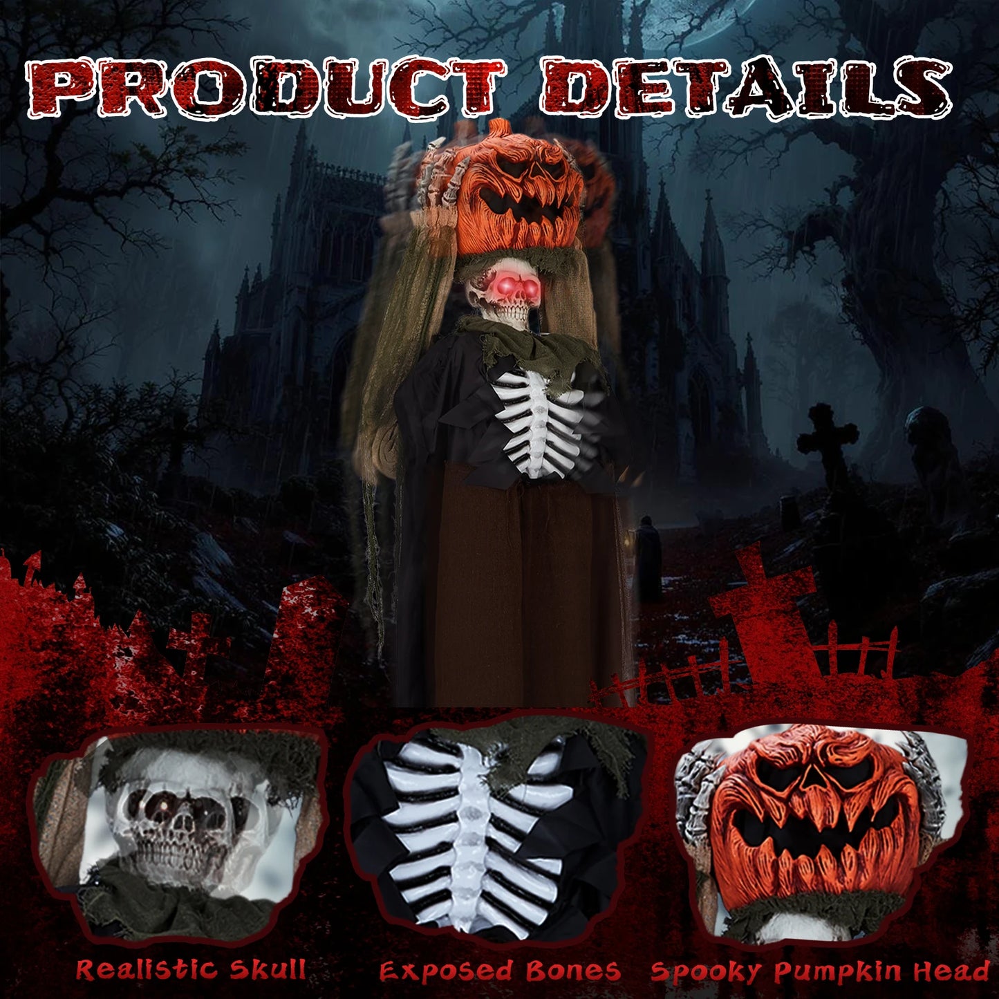 Life Size Animatronic Ghost With Pumpkin Head 5.6Ft Outdoor