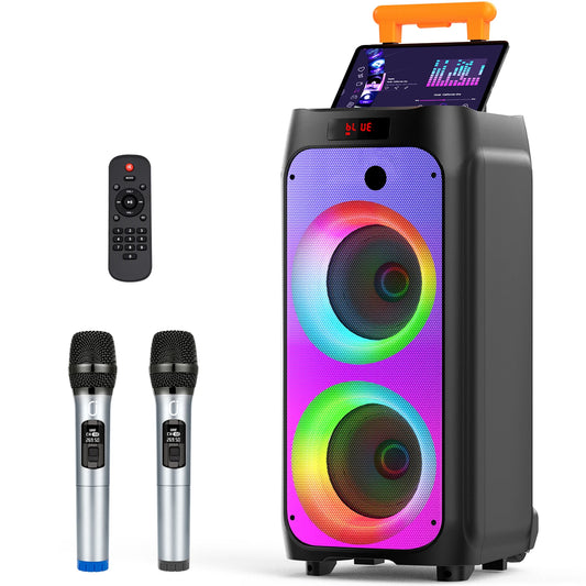 FanFun Large Bluetooth Speaker, Wireless Speaker with Wheels and Trolley Bar, Karaoke Machine with 2 Microphone, Karaoke Speaker