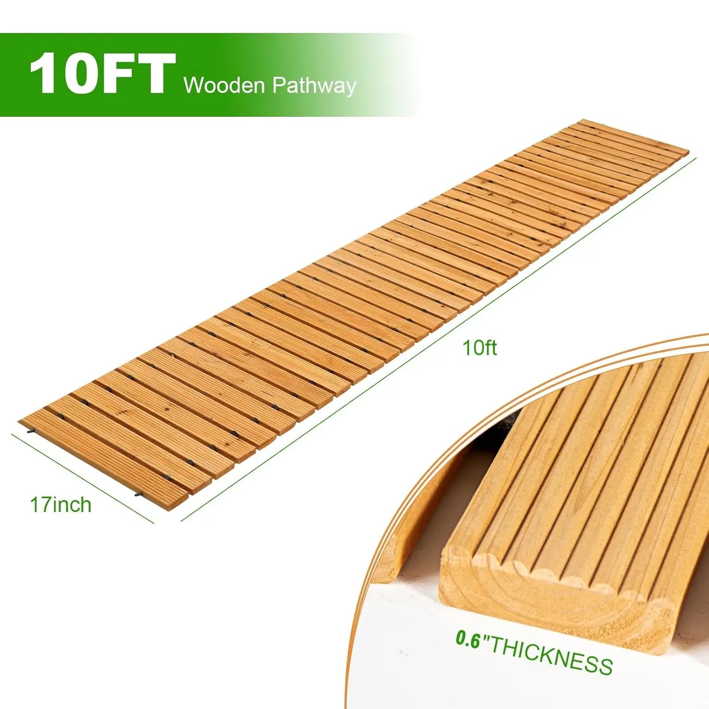 10FT Wooden Garden Pathway Outdoor Roll Out Decorative Walkway Hardwood Non-Slip Weather-Resistant