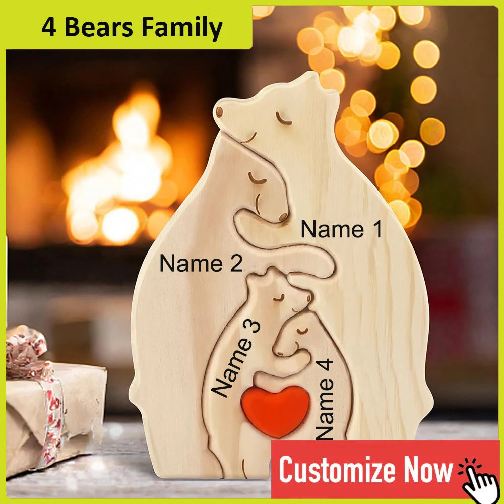 Personalized Custom Bear Family Wooden Puzzle DIY Free Engraving Name Sculpture Home Desk Decor Figurines Christmas Birthday Gift