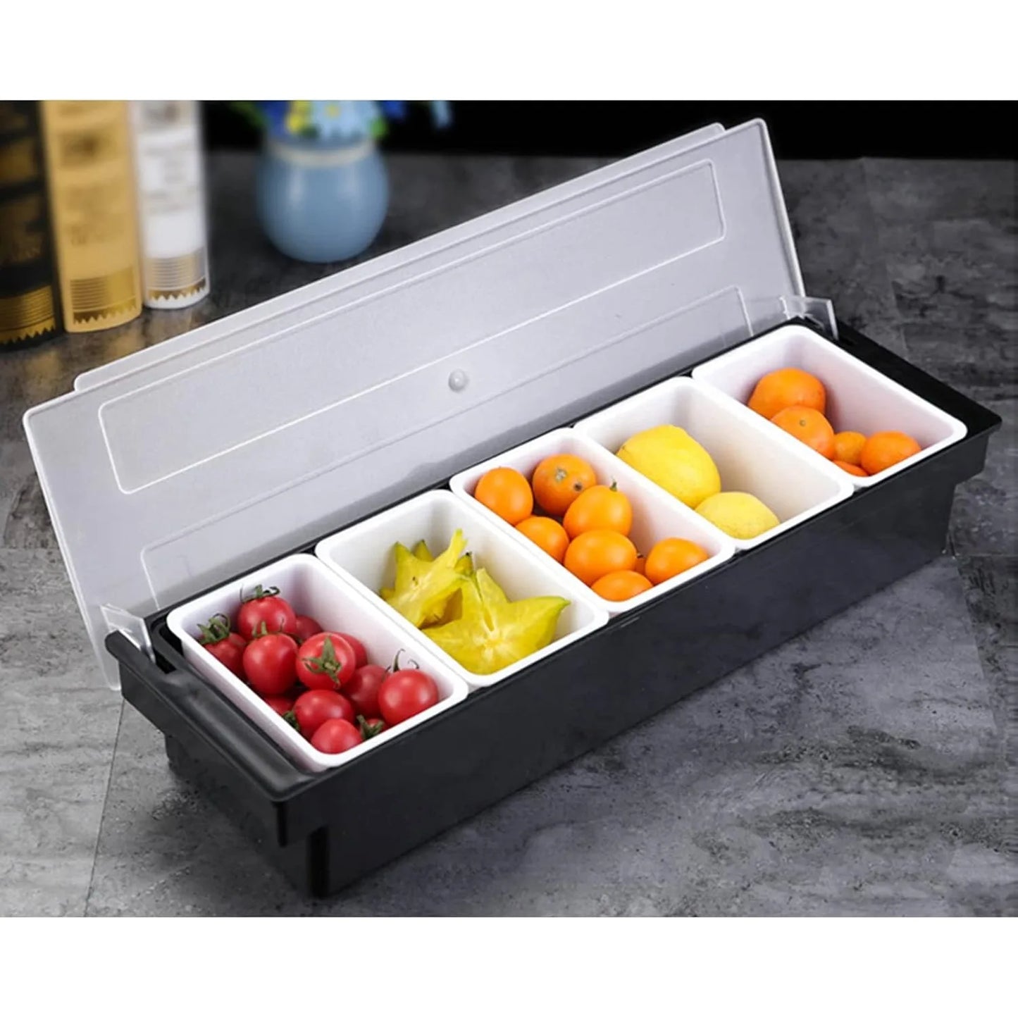 Compartments Condiment Dispenser, Chilled Server Food Tray Salad Bar, Condiment Tray Bar Caddy for Home Work or Restaurant Salad