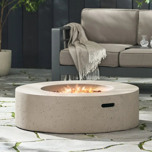 50000 BTU Round Outdoor Concrete Propane Fire Pit Modern Light Grey for Patio Garden Backyard No Assembly Needed for Camping
