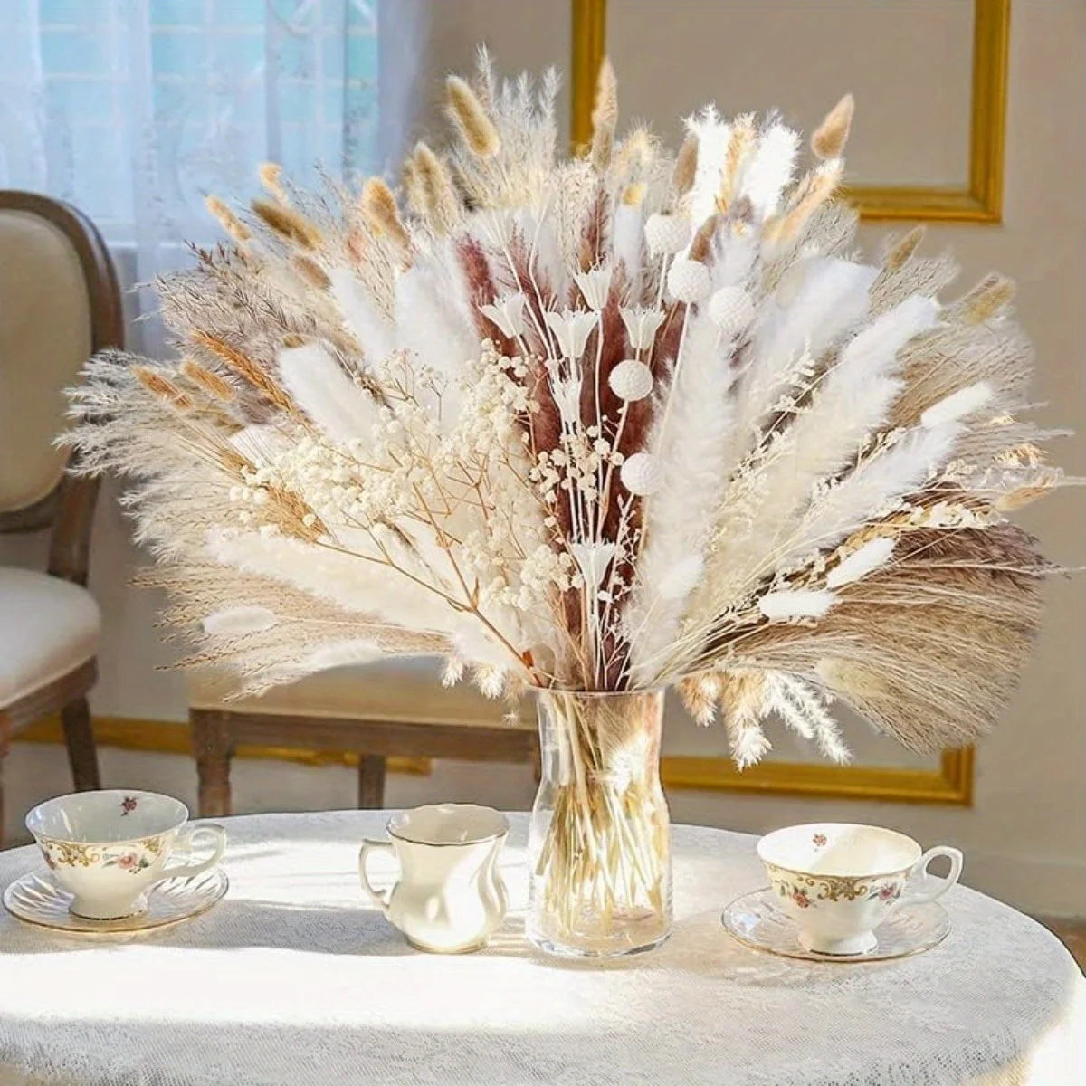 109Pcs Natural Dried Pampas Grass Bouquet with Bunny Tails Dried Flowers Pompas for Boho Home Decor, Wedding Floral
