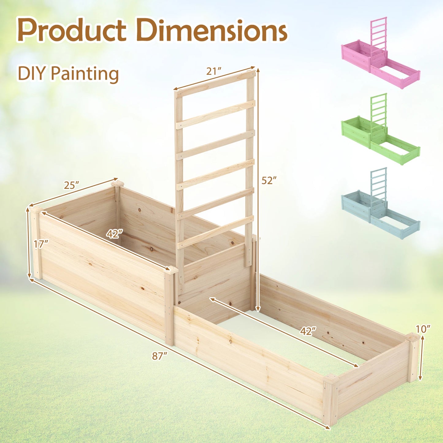 87 Inch Raised Garden Bed with Trellis and Two Planter Boxes Open Ended Base for Patio