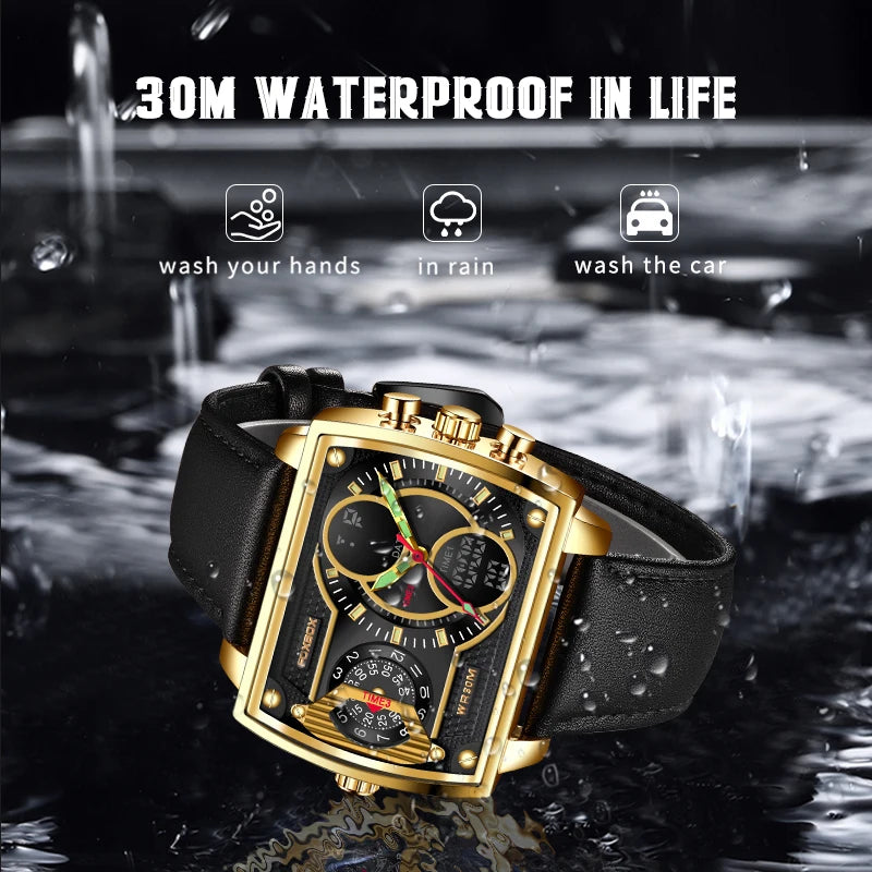 LIGE Digital Mens Square Military Watch Leather Band