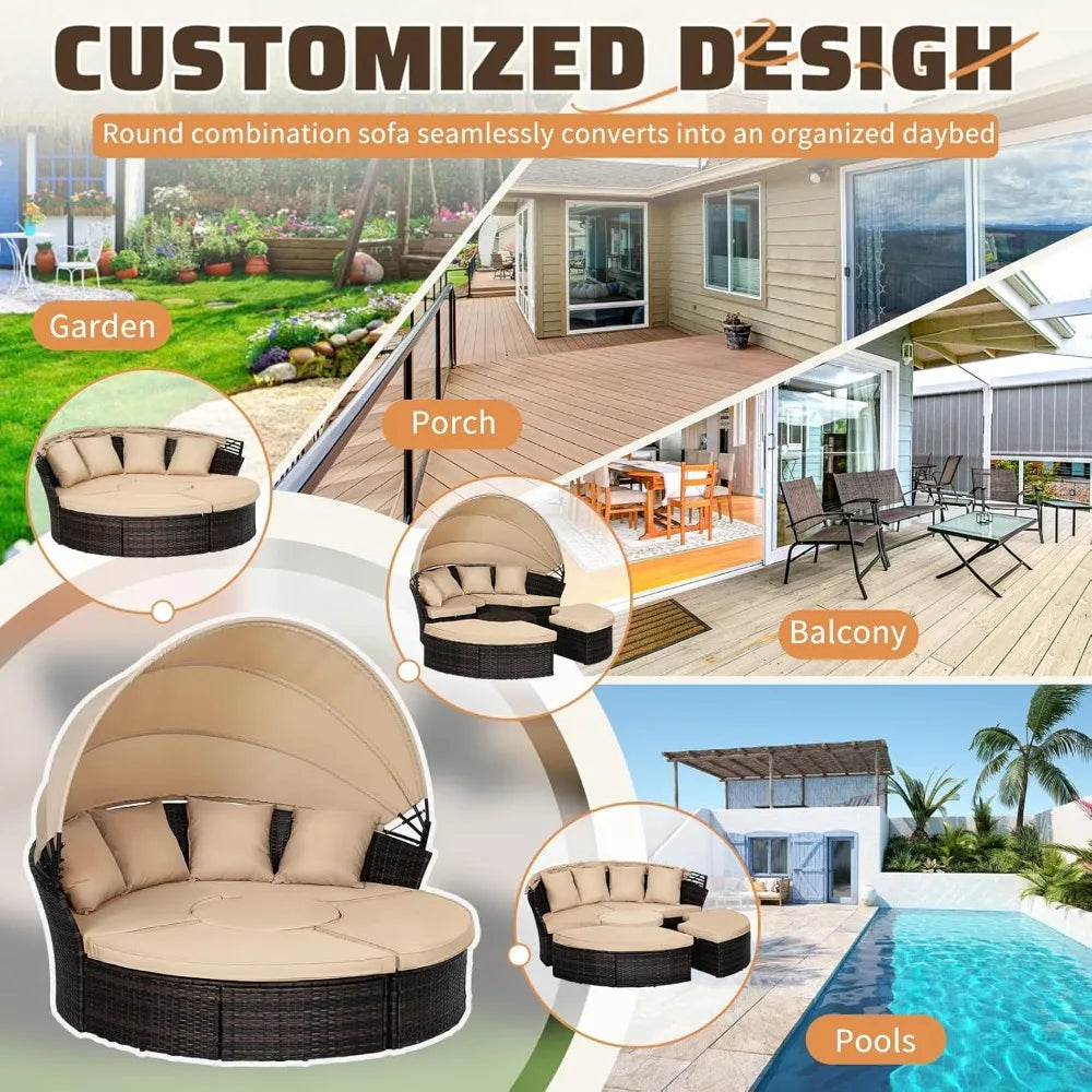 Garden Sofa Bed W/Washable Cushions, Sofa Bed Round Daybed W/Clamshell Sectional Seating Wicker Furniture & Retractable Canopy
