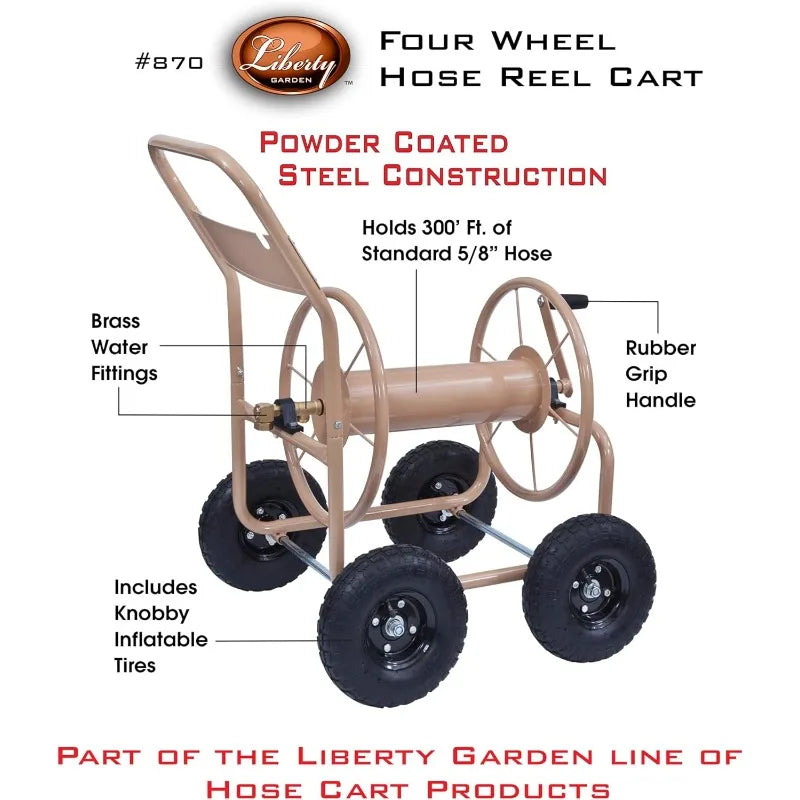 Industrial 4 Wheel 300 Foot of 0.625 Inch Hose Steel Frame Water Hose Reel Cart for Backyard, Garden, or Lawn, Beige