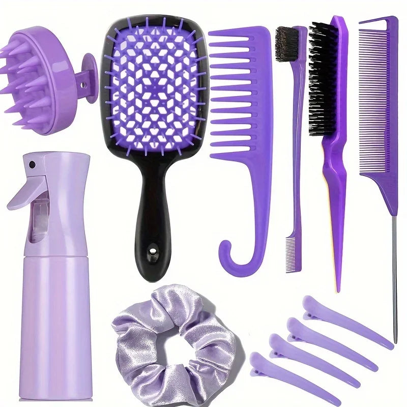Hair Styling & Care Set  Detangling Brushes, Teasing Comb, Rat Tail, Edge Control, Silicone Scalp Massager, Shampoo Brush For Al