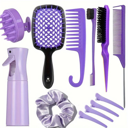 Hair Styling & Care Set  Detangling Brushes, Teasing Comb, Rat Tail, Edge Control, Silicone Scalp Massager, Shampoo Brush For Al