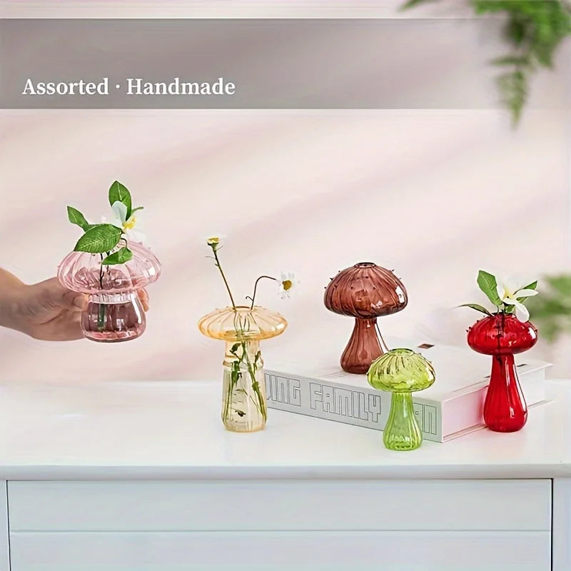 5 Colors Plant Mushroom Glass Vase, Mini Plant Glass Container, Unique Small Glass Vase, Home Christmas Halloween Decoration
