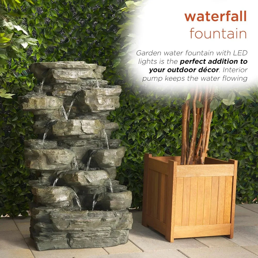 Outdoor Multitiered Cascading Rock Garden Water Floor Fountain with LED Lights, 39" H, Green