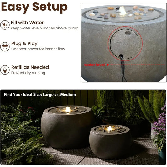 Garden Water Fountain Outdoor Bubbler Water Feature Indoor with Lights & Pump and Pebbles Waterfall Fountains Concrete Effect fo