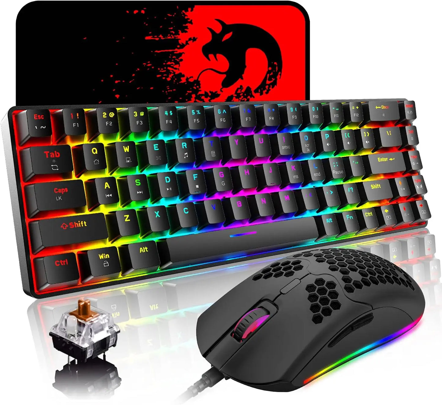 65% Wired Gaming Mechanical Keyboard and Mouse Combo,Mini 68 Keys,RGB Backlight, Lightweight RGB Honeycomb Optical Mouse