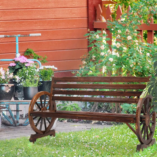 Outdoor Rustic Wooden Bench With Wagon Wheel Arms 3 Seats