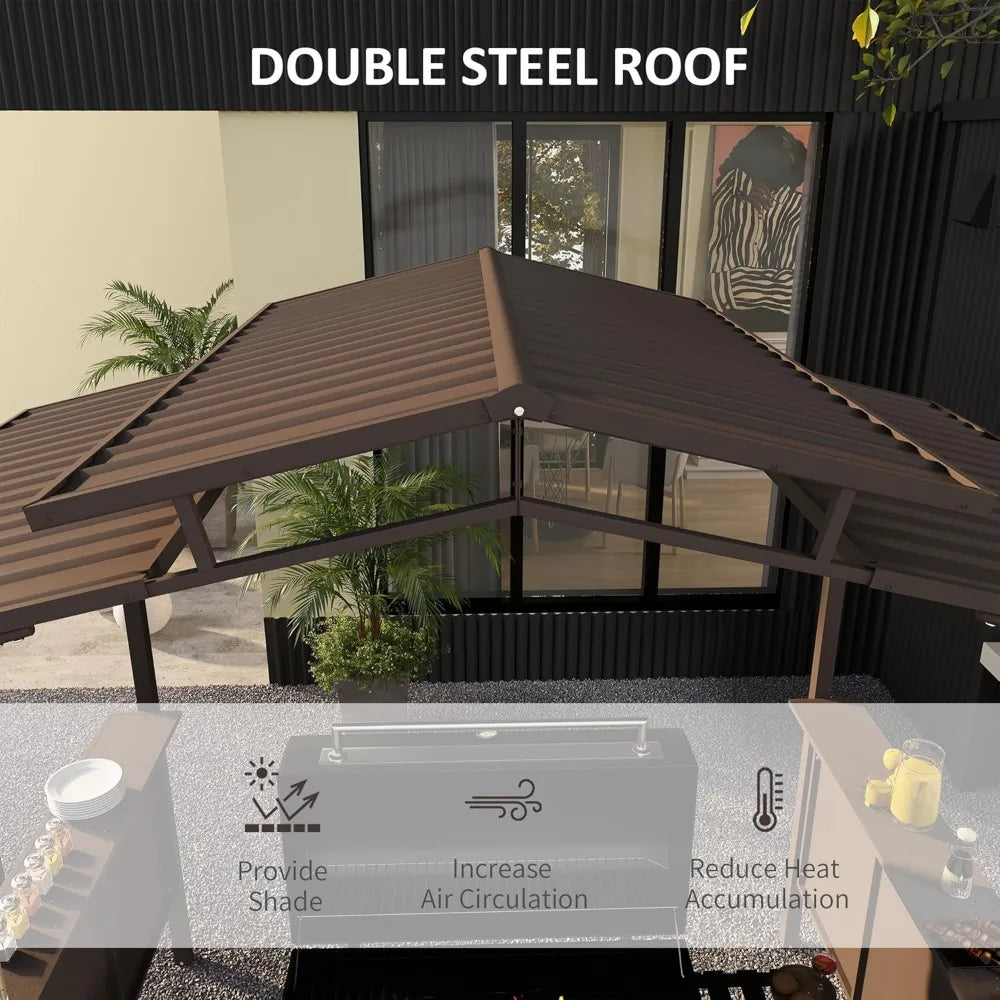8'x5' BBQ Grill Gazebo with 2 Side Shelves, Outdoor Double Tiered Interlaced Polycarbonate Roof with Steel Frame, Brown