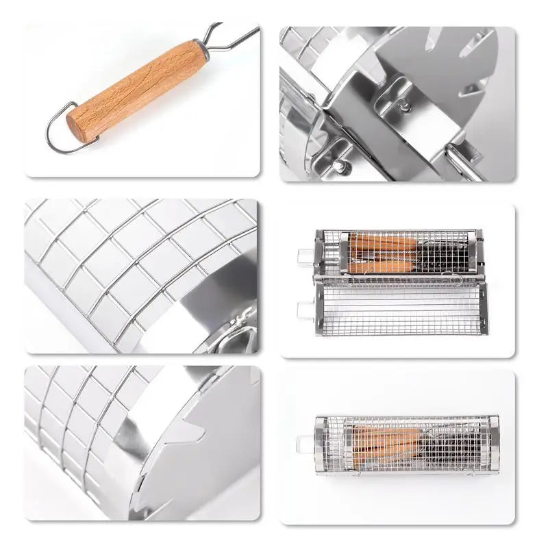 Stainless Steel Barbecue Cages Portable Grill Basket Camping Cookware Outdoor Round BBQ Campfire Grid Rolling Grill Basket