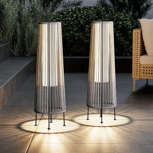 Outdoor Floor Solar Light 2-Pack, Wicker Solar Patio Lamp Waterproof Outside Deck Lamp for Porch, Yard, Garden, Lawn Decorations
