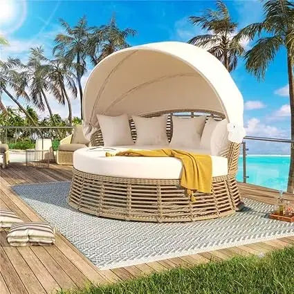 Patio Rattan Round Daybed with Retractable Canopy, Wicker Sofa Sunbed with Removable Cushions,for Outdoor Backyard Porch Lawn Ga
