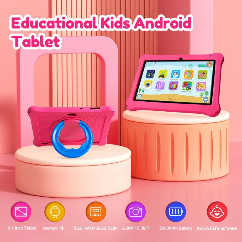 ATMPC 10.1 Inch Kids Tablet Android 14, 6GB RAM 32GB ROM, Eye Protection Screen, WiFi 6, iWawa Parental Control Tablet PC