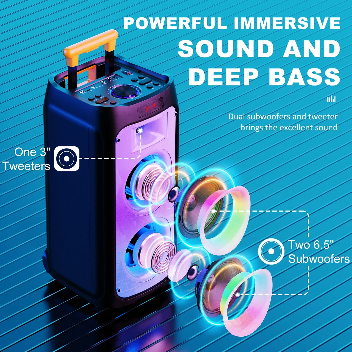 FanFun Large Bluetooth Speaker, Wireless Speaker with Wheels and Trolley Bar, Karaoke Machine with 2 Microphone, Karaoke Speaker