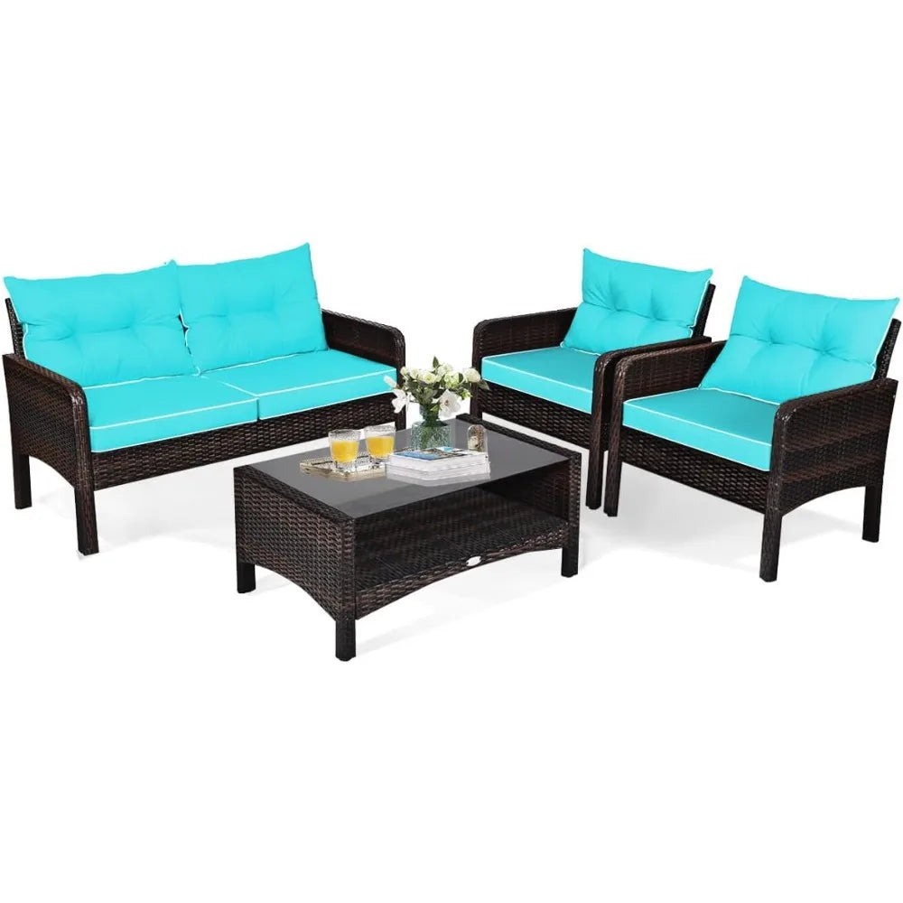 4 Pieces Rattan Patio Conversation Set with Chairs Loveseat Cushions and Glass Top Coffee Table