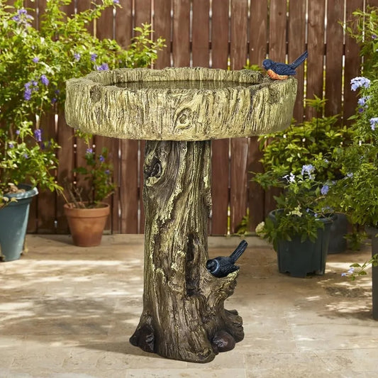 Outdoor Garden Bird Bath 24.4 Inch Fibre Reinforced Concrete Fountain with Woodland Tree Trunk Design Bird Figurines Yard Decor