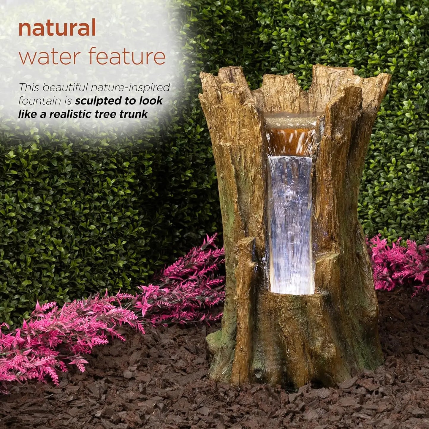 TZL294 Tree Trunk Fountain w/Cool White LED Lights, Waterfall for Garden, Patio, & Lawn, 22" H, Brown