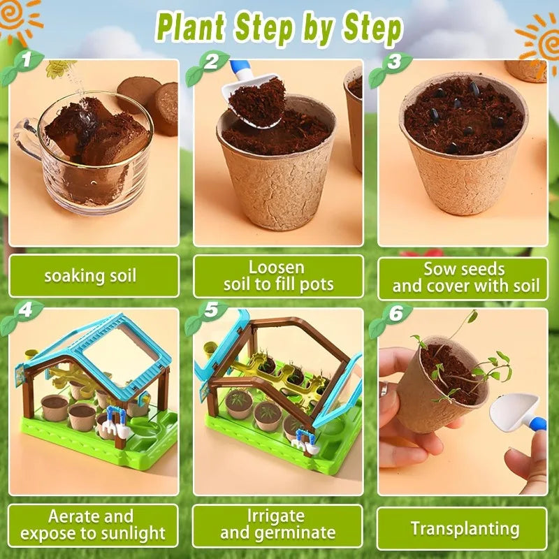 Kids Gardening Kit Greenhouse Growing Terrarium Kit, Kids Plant Growing kit, Kids Gardening Set with Garden Tools, Wateri