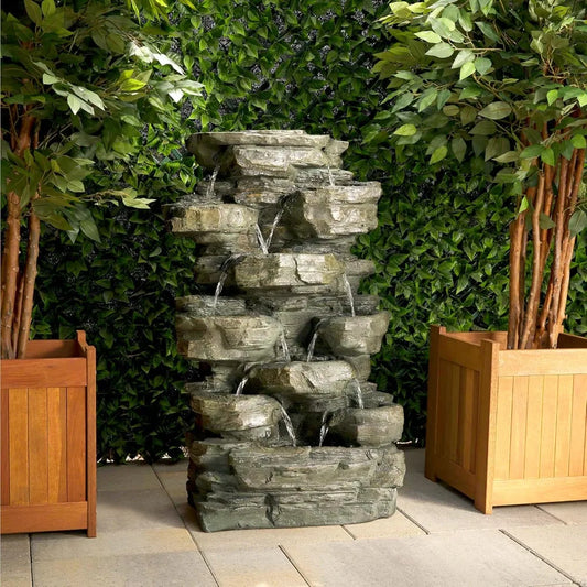 Outdoor Multitiered Cascading Rock Garden Water Floor Fountain with LED Lights, 39" H, Green