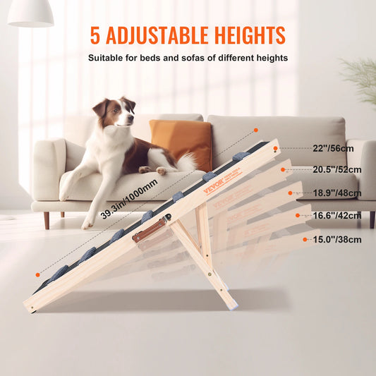 SucceBuy Dog Ramp Folding Ladder Anti-slip High Adjustable Wooden Pet Ramp Removable for Small Old Dog Climbing Stairs Sofa Car