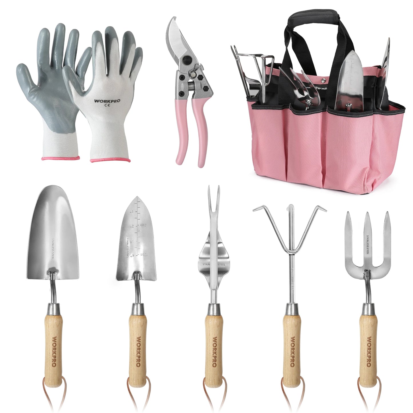 WORKPRO 8-Piece Pink Garden Tool Set Stainless Steel Gardening Tools with Wood Handle Including Tote Gloves Trowel