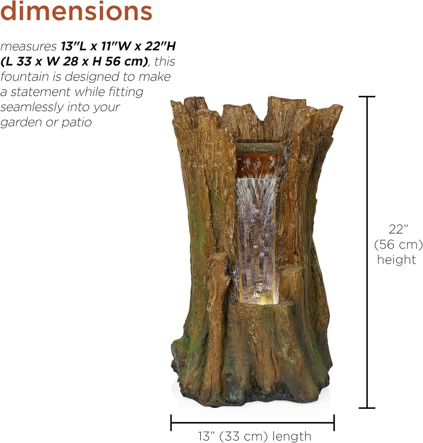 TZL294 Tree Trunk Fountain w/Cool White LED Lights, Waterfall for Garden, Patio, & Lawn, 22" H, Brown
