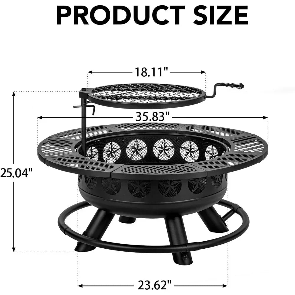 36 Inch Fire Pit with Cooking Grill,Outdoor Wood Burning BBQ Firepit with Lid, 3-in-1 Outdoor Fire Pit for Backyard Deck Bonfire