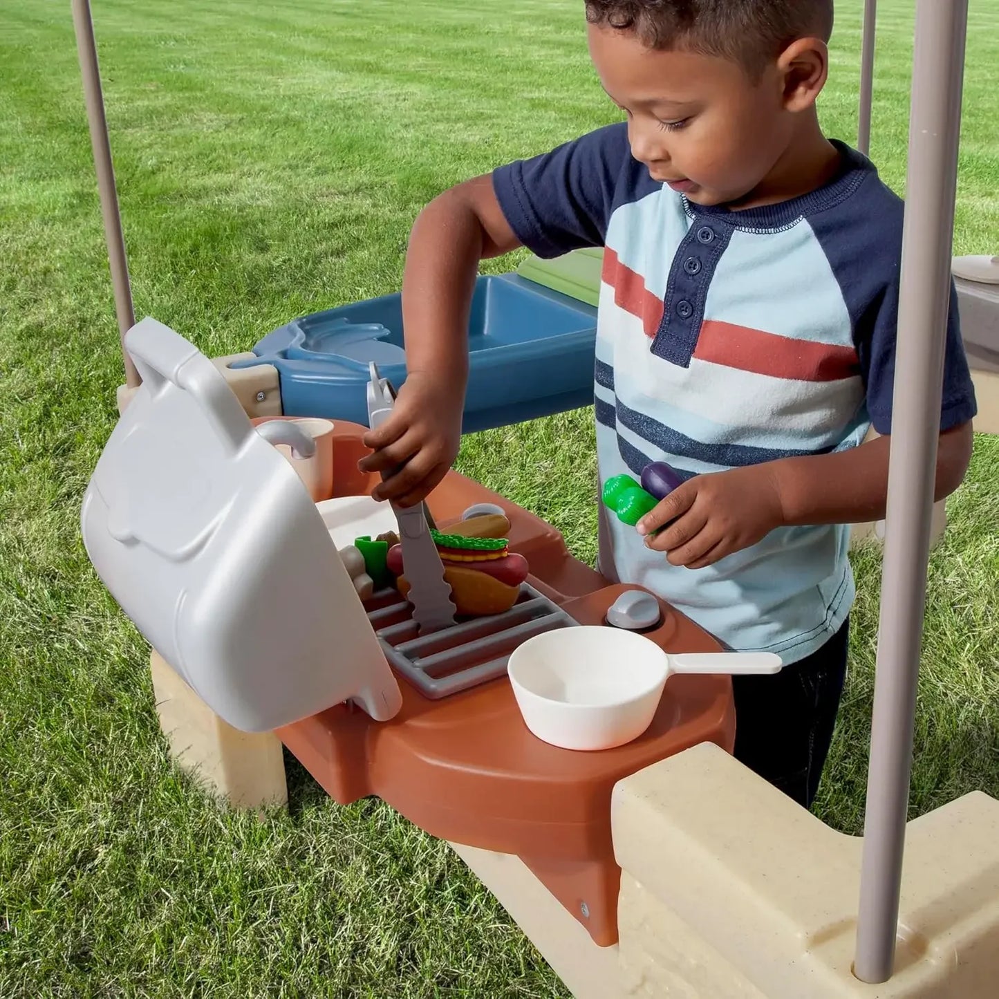 camping All Around Playtime Patio with Canopy, Kids Indoor/Outdoor , Made of Durable Plastic, Includes 16 Piece Toy Accessories,