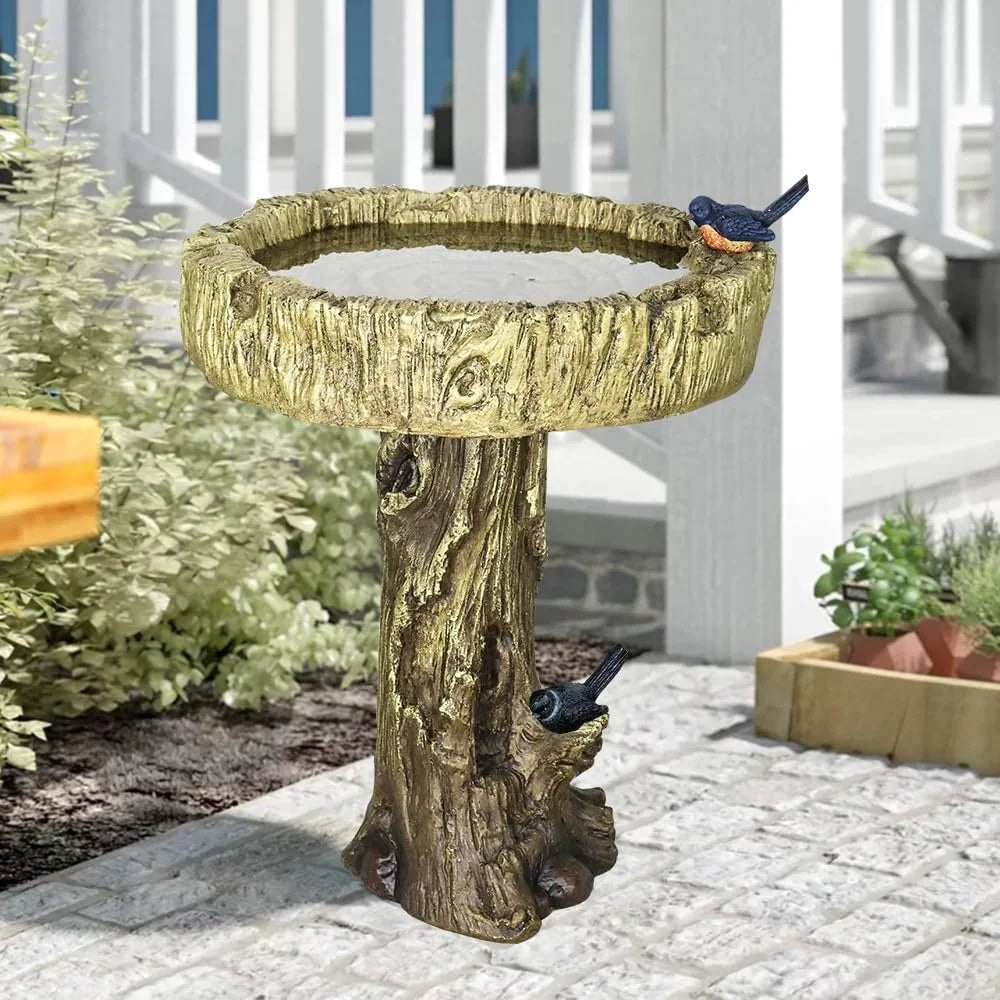 Outdoor Garden Bird Bath 24.4 Inch Fibre Reinforced Concrete Fountain with Woodland Tree Trunk Design Bird Figurines Yard Decor