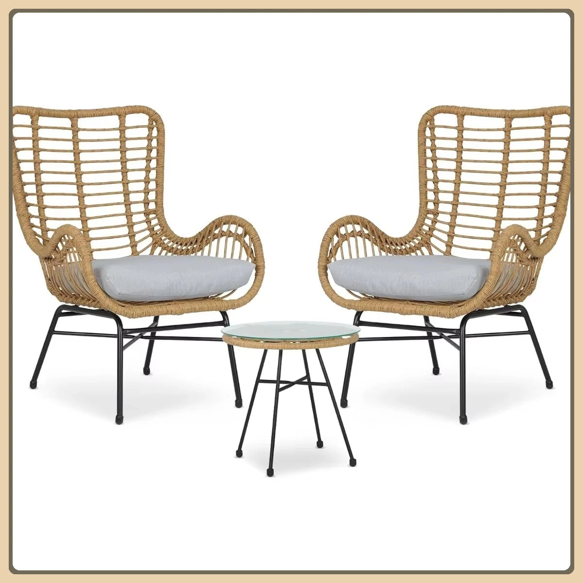 Modern 3 Piece Outdoor Rattan Set With Cushions Grey
