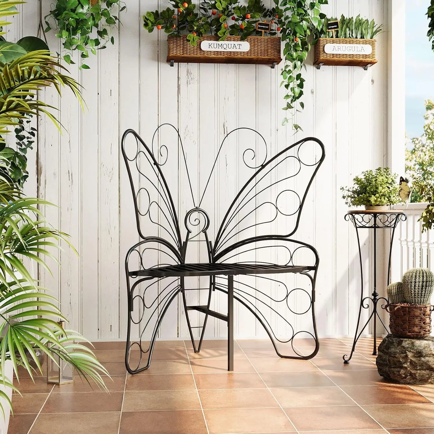 Butterfly Shaped Outdoor Bench, Black Garden Bench with Sturdy Stable Metal Frame, Outdoor Metal Chair Butterfly Bench