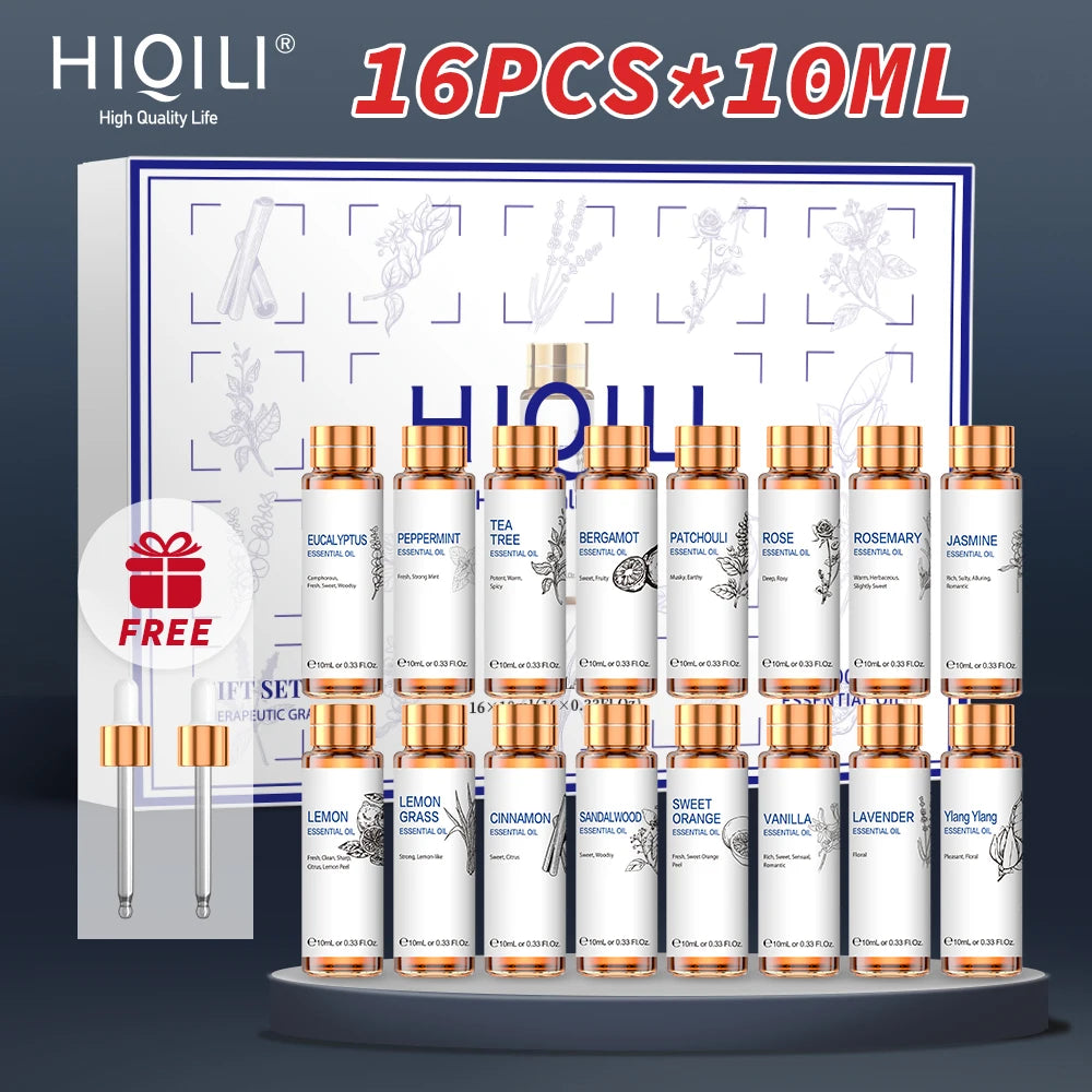 HIQILI 16 PCS 10ML Essential Oils Set Pure Lavender Eucalyptus Vanilla Jasmine Mint Rose for Diffuser Humidifier Candles