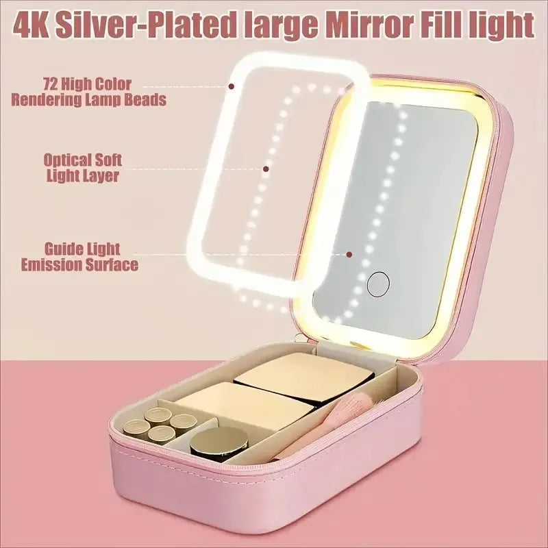 Portable USB Rechargeable LED Makeup Mirror, Pink Faux Leather Foldable Travel Cosmetic Organizer, Compact Beauty Case for Stude
