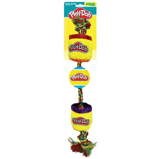 Play-Doh Dog Toy Squeak Crinkle Cans Tug Metallic Lids Tennis Ball Long Rope Plush Tug-of-War Fun Pet Toy Playtime