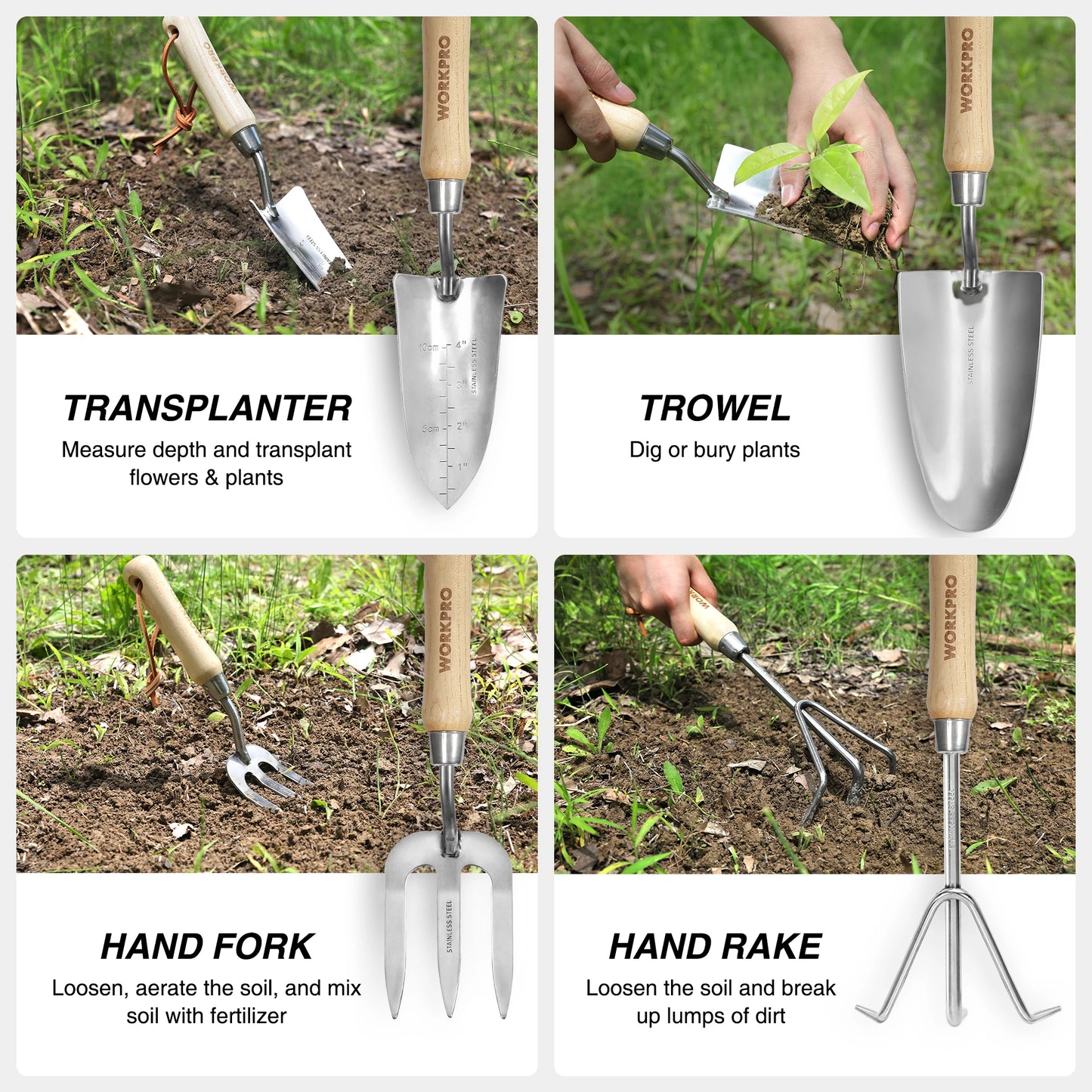 WORKPRO 8-Piece Pink Garden Tool Set Stainless Steel Gardening Tools with Wood Handle Including Tote Gloves Trowel